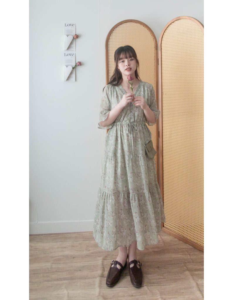 (有口袋) Cotton Flower 木棉花疊領口束腰搖曳裙擺, Dress/ DS9511