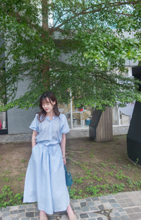 ［Limited restock] (一套可分開著) 淺藍條紋束衣尾口袋傘裙, SET/ SE8061