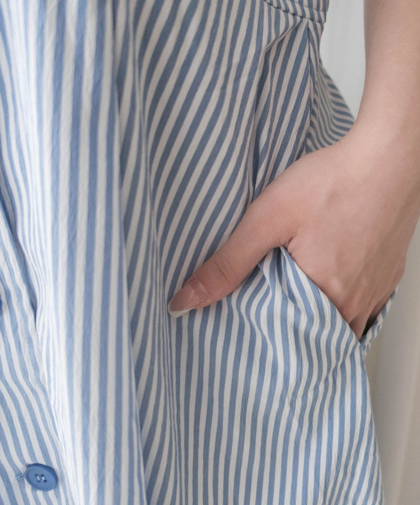 Stripe 翻袖口直條紋後橡筋口袋連身裙, Dress/ DS9528