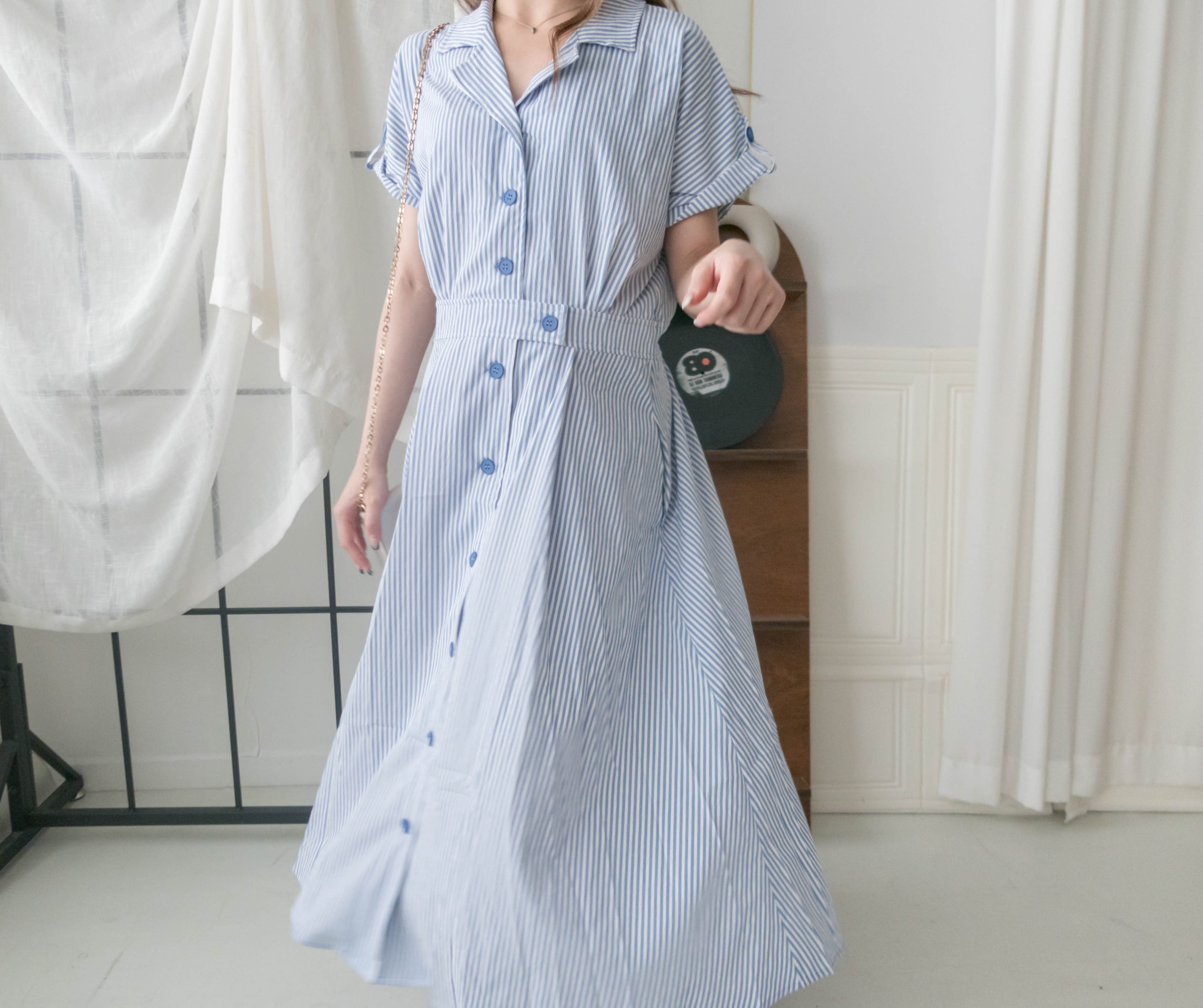 Stripe 翻袖口直條紋後橡筋口袋連身裙, Dress/ DS9528