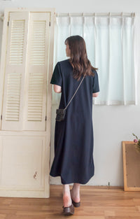 【Intent x Korea label】（100%防皺彈性) Navy V領金鈕扣傘袖開叉裙擺連身裙, Dress/ DS9545