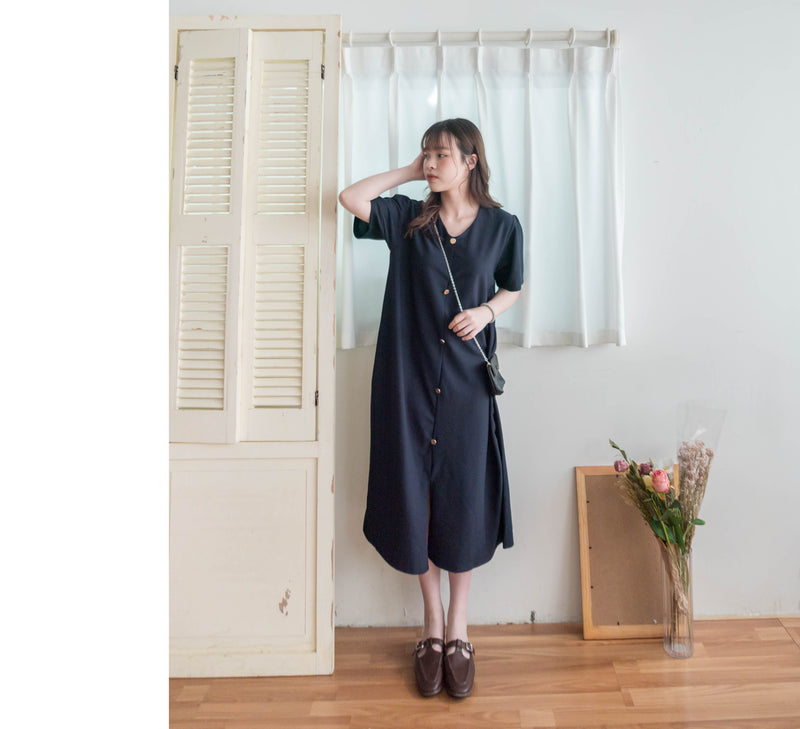 【Intent x Korea label】（100%防皺彈性) Navy V領金鈕扣傘袖開叉裙擺連身裙, Dress/ DS9545