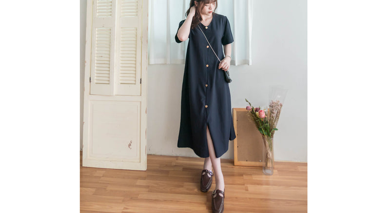 【Intent x Korea label】（100%防皺彈性) Navy V領金鈕扣傘袖開叉裙擺連身裙, Dress/ DS9545