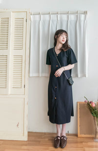 【Intent x Korea label】（100%防皺彈性) Navy V領金鈕扣傘袖開叉裙擺連身裙, Dress/ DS9545