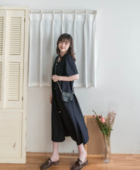 【Intent x Korea label】（100%防皺彈性) Navy V領金鈕扣傘袖開叉裙擺連身裙, Dress/ DS9545
