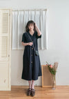 【Intent x Korea label】（100%防皺彈性) Navy V領金鈕扣傘袖開叉裙擺連身裙, Dress/ DS9545