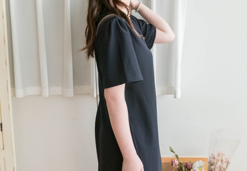 【Intent x Korea label】（100%防皺彈性) Navy V領金鈕扣傘袖開叉裙擺連身裙, Dress/ DS9545