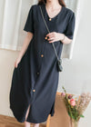 【Intent x Korea label】（100%防皺彈性) Navy V領金鈕扣傘袖開叉裙擺連身裙, Dress/ DS9545