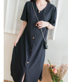 【Intent x Korea label】（100%防皺彈性) Navy V領金鈕扣傘袖開叉裙擺連身裙, Dress/ DS9545