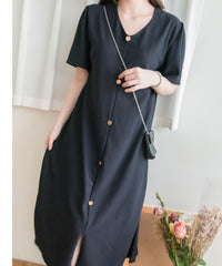 【Intent x Korea label】（100%防皺彈性) Navy V領金鈕扣傘袖開叉裙擺連身裙, Dress/ DS9545