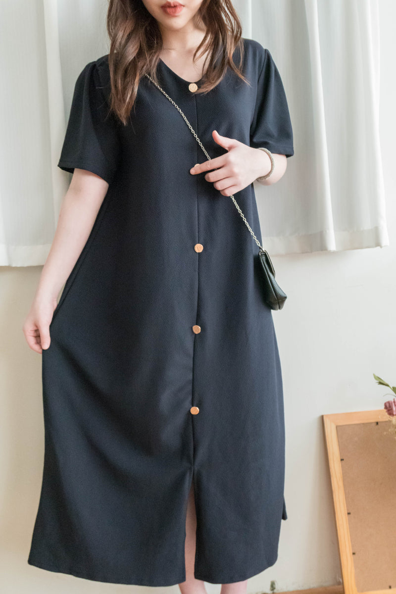 【Intent x Korea label】（100%防皺彈性) Navy V領金鈕扣傘袖開叉裙擺連身裙, Dress/ DS9545