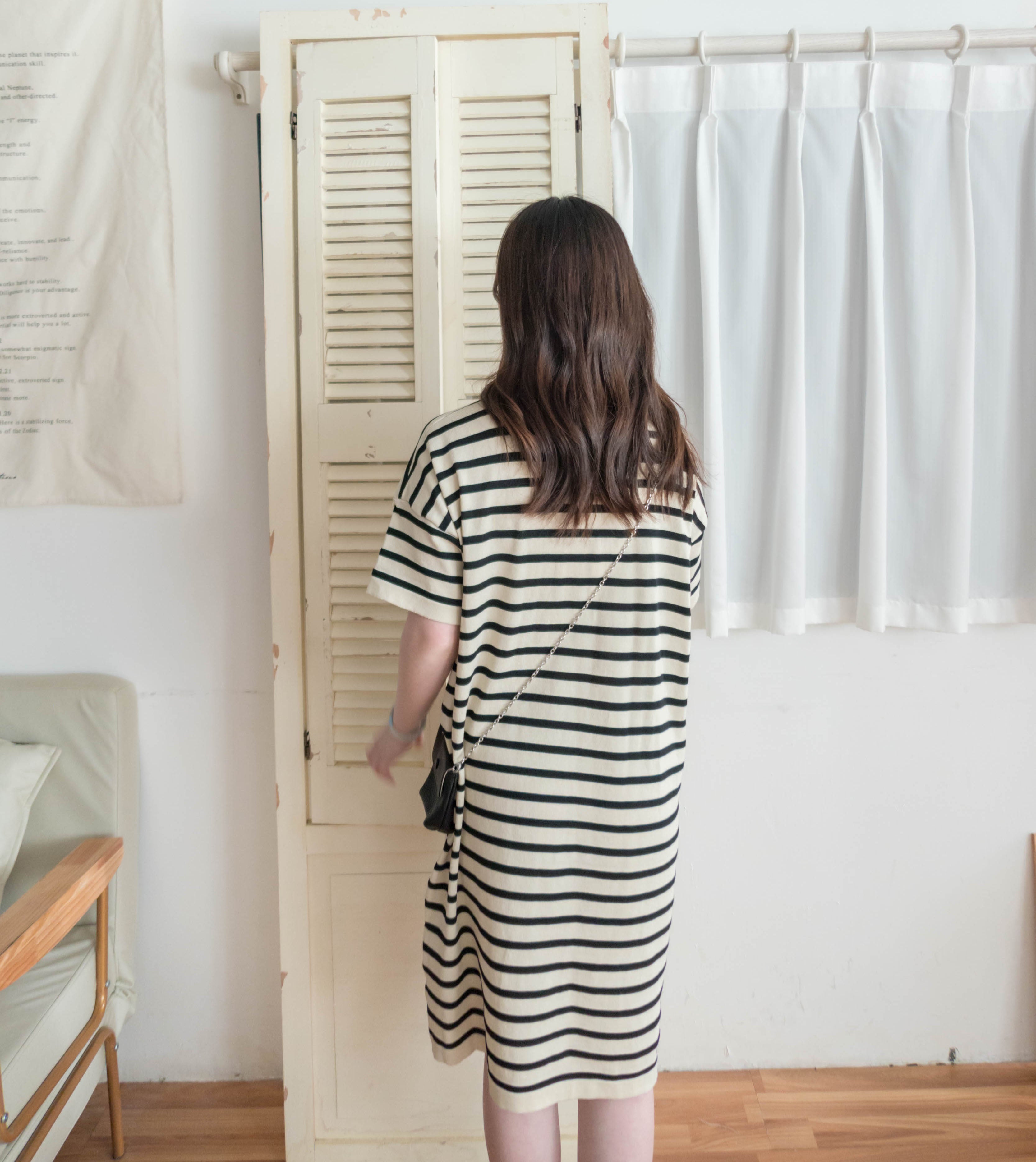 (隨性溫柔舒適款~) Stripe 冰絲織線領口橫條直身連身裙, Dress/ DS9544