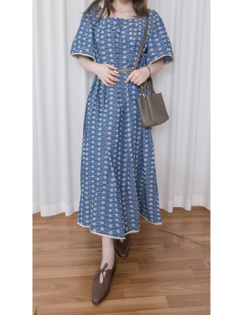 Denim Lace 花邊織紋牛仔布方領連身裙, Dress/ DS9523