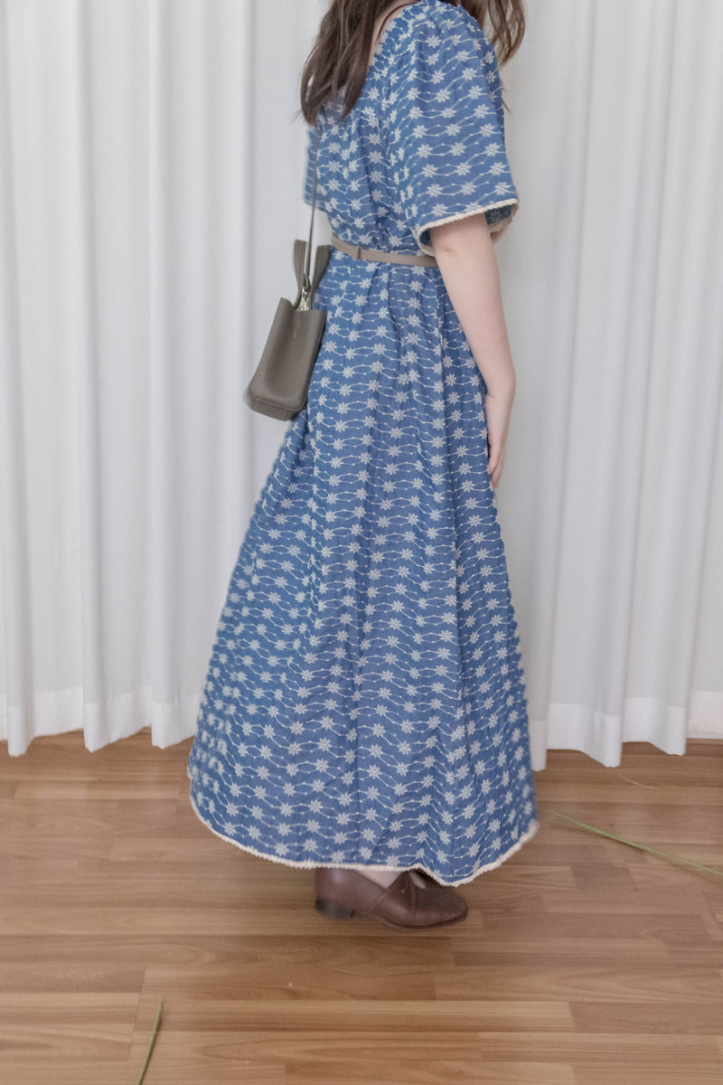 Denim Lace 花邊織紋牛仔布方領連身裙, Dress/ DS9523