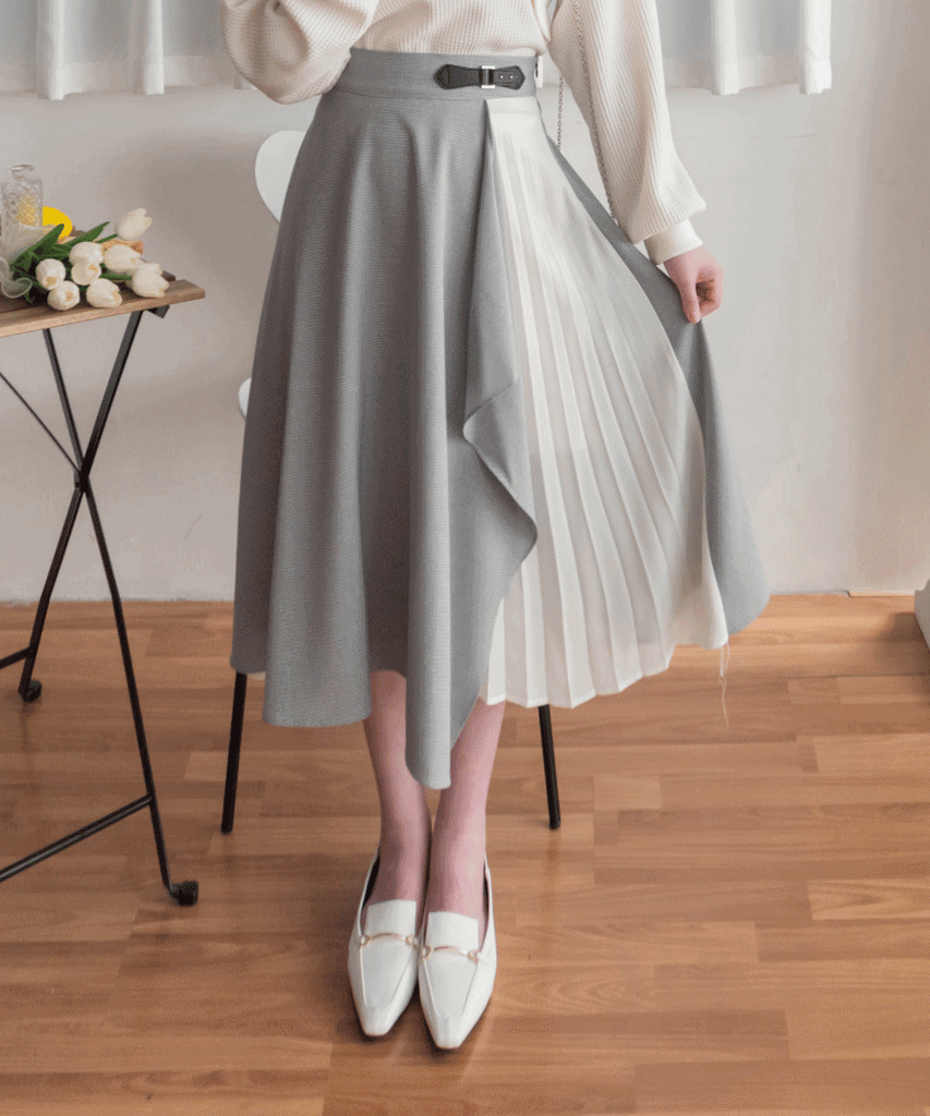Spliced Chiffon 雪紡飄逸格子拼百褶假側腰帶半身裙, Skirt/ SK8744