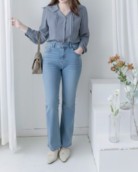 Button Collar Blouse 立體細褶V領金扣襯衫/ BU9127 (Pre-order steelblue milktea 3月3截單)