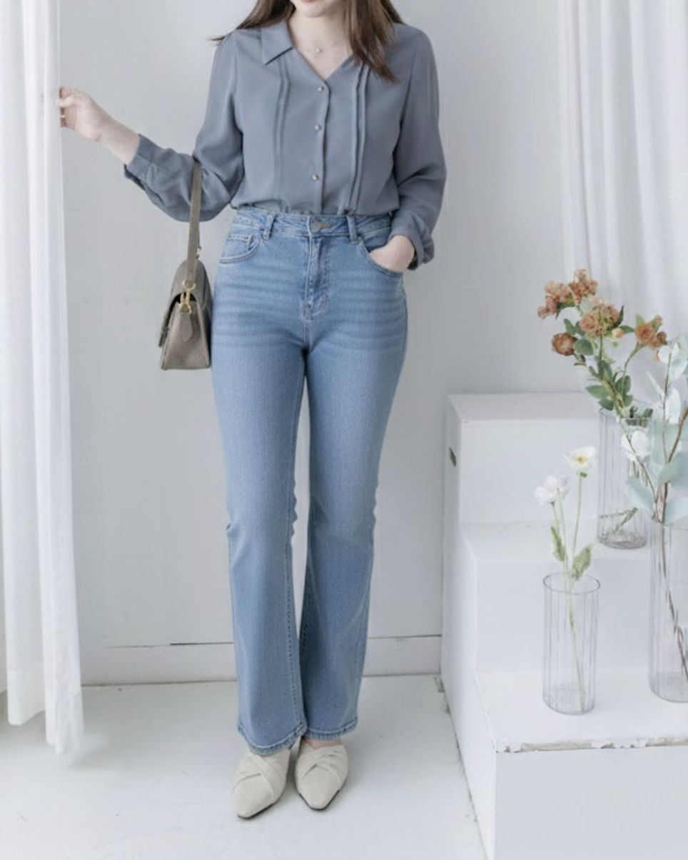 Button Collar Blouse 立體細褶V領金扣襯衫/ BU9127 (Pre-order steelblue milktea 3月3截單)