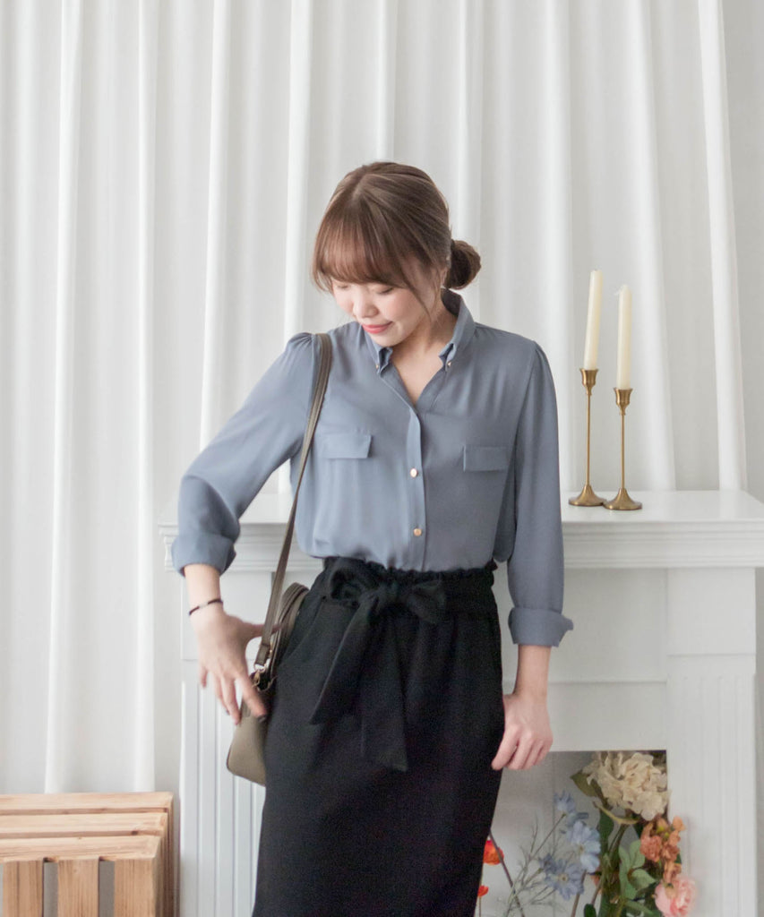 Button Collar 磨砂金鈕裝飾質感雪紡上衣, Blouse/ BU8972