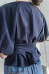 Pleated Tie-waist Top 簡約光澤深藍綁帶上衣/ TP9169