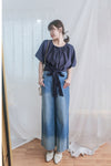Pleated Tie-waist Top 簡約光澤深藍綁帶上衣/ TP9169