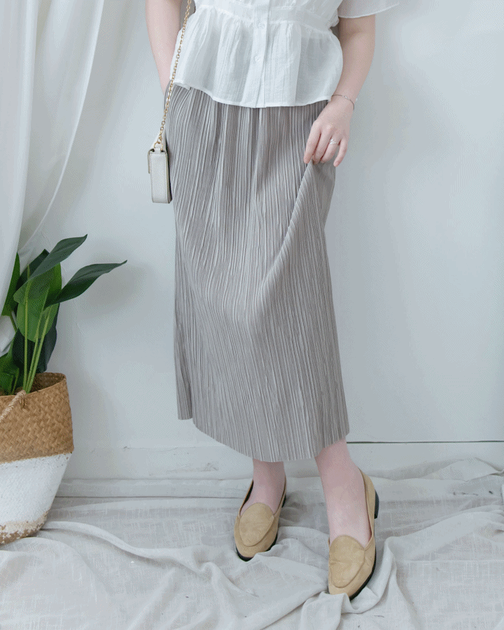 Pleated Shimmer Skirt 微光澤防皺顯瘦直條紋口袋長裙/ SK8943 (pre-order black)