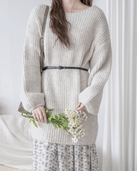 (售完即止 不設補貨） Belt Knit Top 船領織紋連腰帶修腰針織上衣/ DS1036