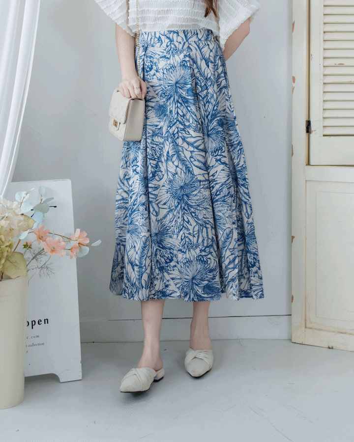 Champagne Floral Skirt 藍色線條花香檳質感面料傘裙/ SK8861 (pre-order 5月28截單)