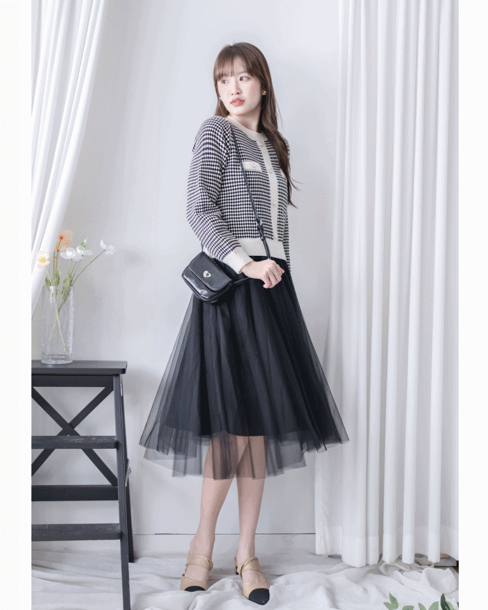 COCO Dress 優雅千鳥格紋黑色紗裙假兩件連身裙/ DS1033