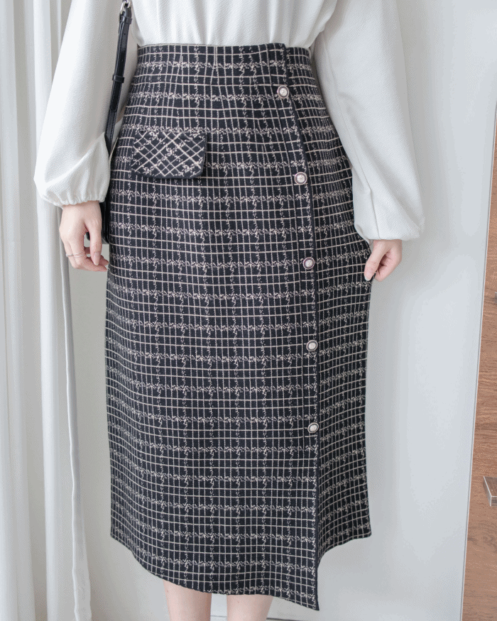 Checked Skirt 彈性A字立體微開衩格紋裙/ SK8918
