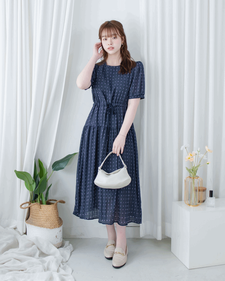 Square Palette Dress 幾何圖案珍珠後扣層次連身裙/ DS1104