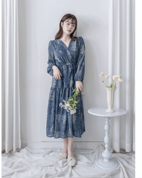 Midnight Snowflake Dress 午夜藍色雪花防皺雪紡修腰連身裙 / DS1045（pre-order)