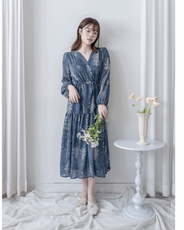 Midnight Snowflake Dress 午夜藍色雪花防皺雪紡修腰連身裙 / DS1045（pre-order)