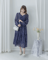 [Style 6] Midnight Starry Floral Dress 深藍繁星小V領顯瘦橡筋連身裙/ DS1070（優惠至 2月13日）