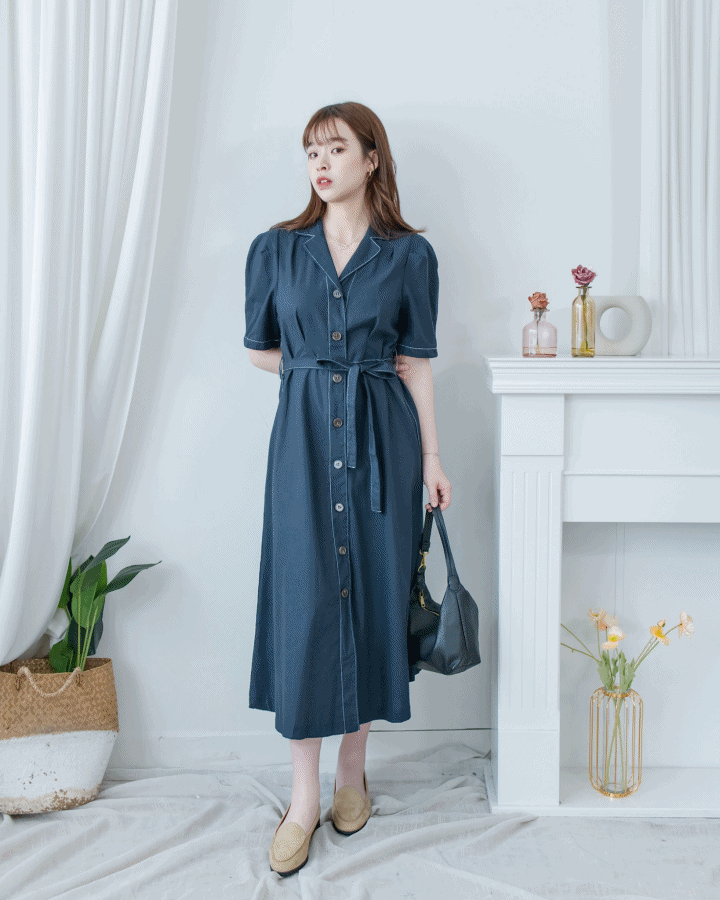 Stitch Linen Dress 明線車邊輕復古腰帶修腰連身裙/ DS1125
