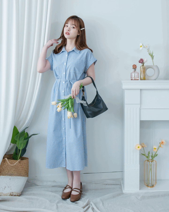Linen Stripe Dress 法式藍白條紋翻褶袖綁帶連身裙/ DS1129 (Pre-order)
