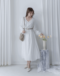 [Style 1] Stripe Cotton Lace Dress V領剪裁通花直紋長裙/ DS1071（優惠至 2月13日）