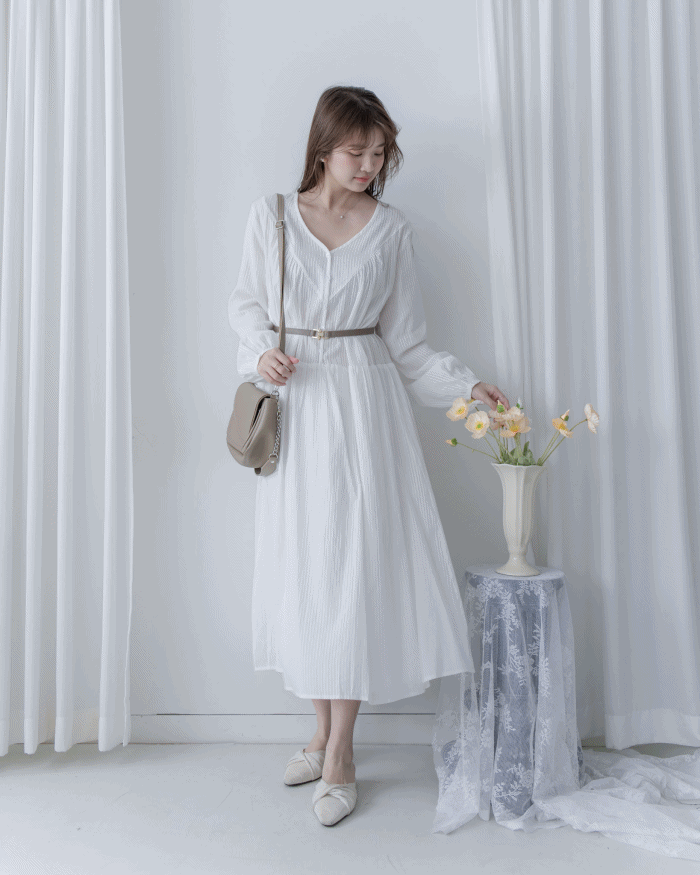 [Style 1] Stripe Cotton Lace Dress V領剪裁通花直紋長裙/ DS1071（優惠至 2月13日）