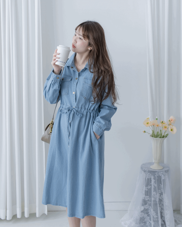 [Style 2] Denim Dress 質感鉑鈕束腰口袋牛仔長裙/ DS1076 （優惠至 2月13日）