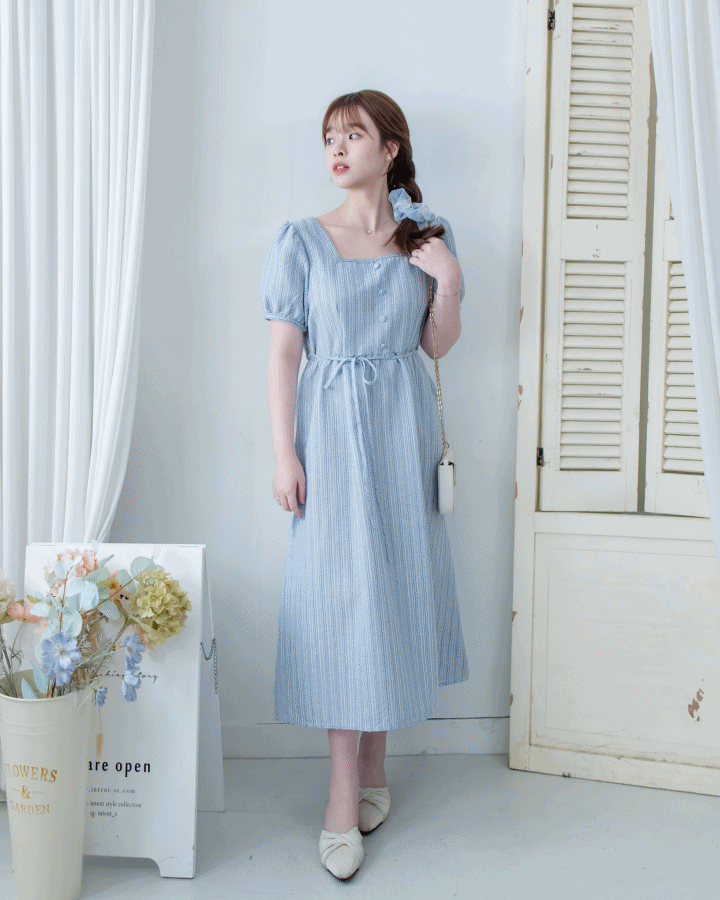 Ethnic Striped Dress 民族細邊方領後蝴蝶連身裙/ DS1128