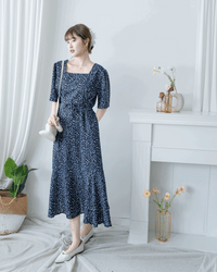 Floral Fishtail Dress 法式方領立體腰褶魚尾印花口袋連身裙/ DS1131 (pre-order)