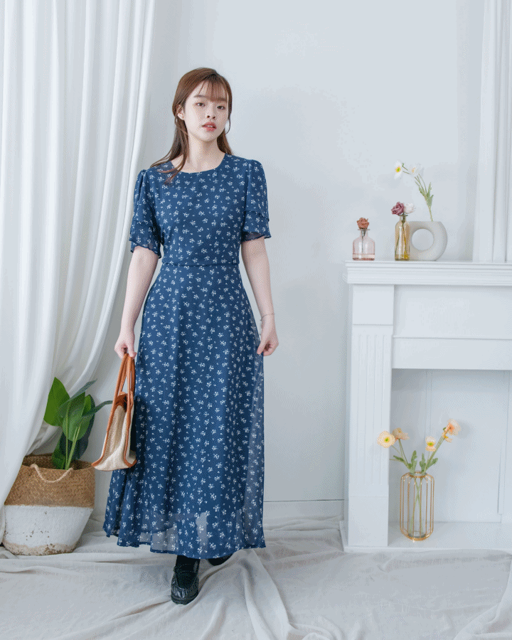 Chiffon Ribbon Dress 荷葉袖雪紡花束絲帶腰帶連身裙/ DS1133 (pre-order ivory/navy)