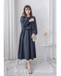 Navy Dress 輕紗圓領假兩件設計傘形連身裙/ DS1042