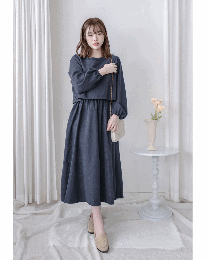 Navy Dress 輕紗圓領假兩件設計傘形連身裙/ DS1042