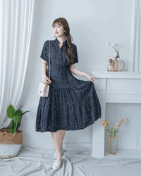 Snow Dot Dress 黑色雪花點點小V領層次修腰連身裙/ DS1135