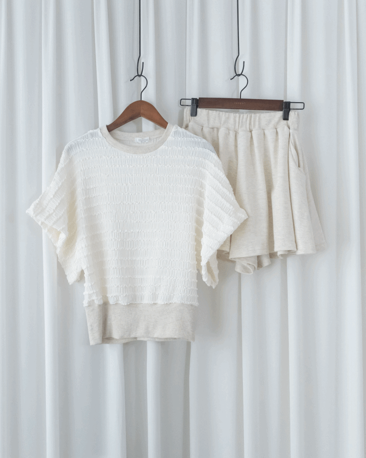 Cloud Beige Set 雲朵細褶彈性裙褲套裝/ SE9224 (pre-order 5月28截單)