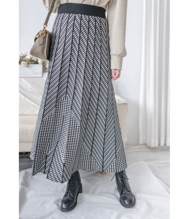 Pleated Pattern Knit Skirt 千鳥格設計感針織彈性百褶裙 / SK8920