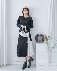 Feather Spliced Dress  立體細褶拼色羽毛紋理側修腰連身裙/ DS1065