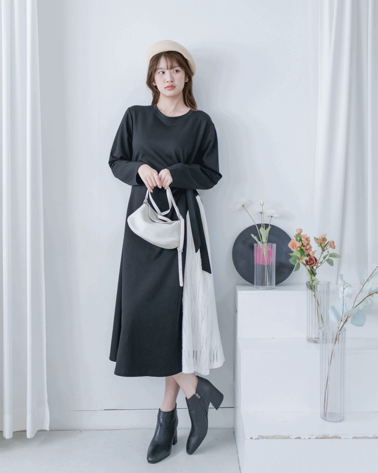 Feather Spliced Dress  立體細褶拼色羽毛紋理側修腰連身裙/ DS1065