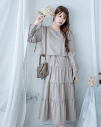 Shirt Cuff Dress 仿恤衫配傘裙假兩件綁帶連身裙/SE8123