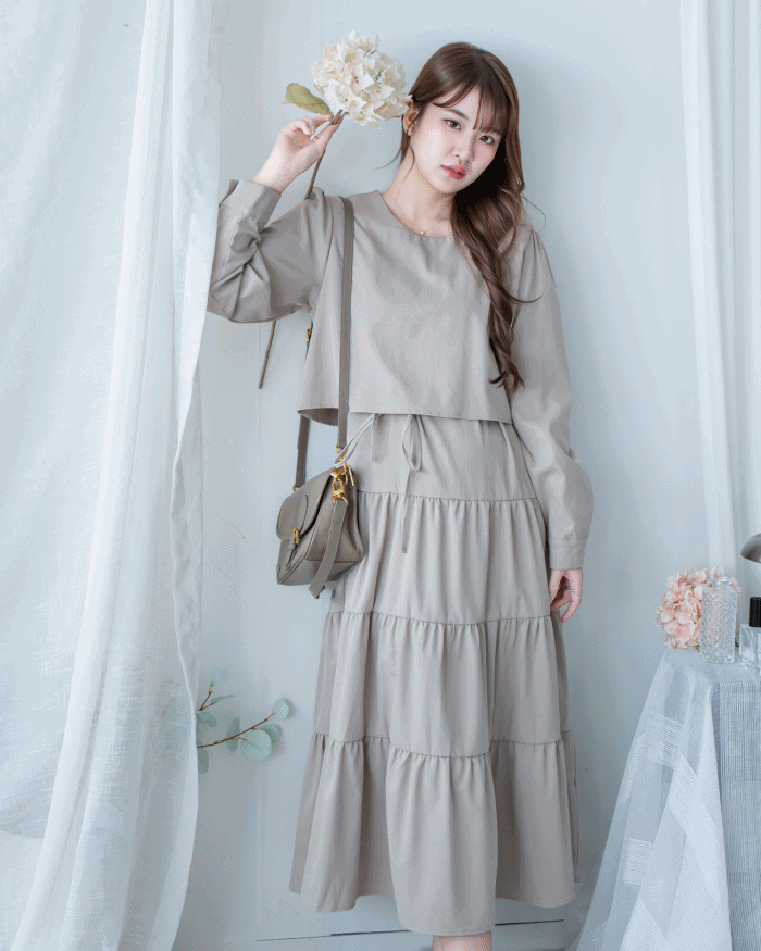 Shirt Cuff Dress 仿恤衫配傘裙假兩件綁帶連身裙/SE8123